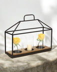 15" Black Metal Glass And Wood Geometric Three Light Hurricane Candle Holder