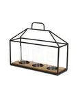 15" Black Metal Glass And Wood Geometric Three Light Hurricane Candle Holder