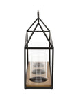 15" Black Metal Glass And Wood Geometric Three Light Hurricane Candle Holder