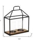 15" Black Metal Glass And Wood Geometric Two Light Hurricane Candle Holder