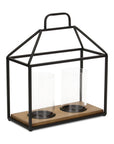 15" Black Metal Glass And Wood Geometric Two Light Hurricane Candle Holder