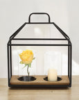 15" Black Metal Glass And Wood Geometric Two Light Hurricane Candle Holder