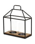 15" Black Metal Glass And Wood Geometric Two Light Hurricane Candle Holder