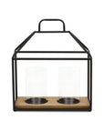 15" Black Metal Glass And Wood Geometric Two Light Hurricane Candle Holder