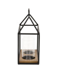 15" Black Metal Glass And Wood Geometric Two Light Hurricane Candle Holder
