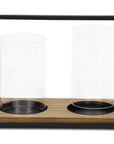 15" Black Metal Glass And Wood Geometric Two Light Hurricane Candle Holder