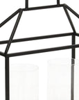15" Black Metal Glass And Wood Geometric Two Light Hurricane Candle Holder