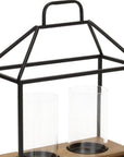 15" Black Metal Glass And Wood Geometric Two Light Hurricane Candle Holder