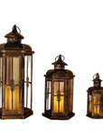 Set of Three Black And Gold Distressed Filigree Metal Tabletop Lantern Candle Holders