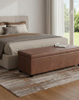 54" Saddle Brown And Dark Brown Faux Leather And Solid Wood Upholstered Storage Bench With Flip Top