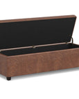 54" Saddle Brown And Dark Brown Faux Leather And Solid Wood Upholstered Storage Bench With Flip Top