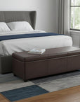 54" Saddle Brown And Dark Brown Faux Leather And Solid Wood Upholstered Storage Bench With Flip Top