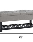 43" Gray And Espresso Tufted Faux Linen And Solid Wood Upholstered Storage Bench With Flip Top And Shelves