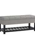 43" Gray And Espresso Tufted Faux Linen And Solid Wood Upholstered Storage Bench With Flip Top And Shelves