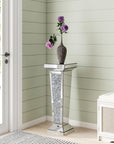 35" Silver Mirrored Glass And Faux Crystals Pedestal Accent Table