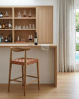 Set of Two 26" Tan Leather And Solid Wood Low Back Counter Height Bar Chairs