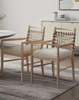 Set of Two Ivory And White Upholstered And Solid Wood Open Back Dining Arm Chairs