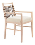 Set of Two Ivory And White Upholstered And Solid Wood Open Back Dining Arm Chairs