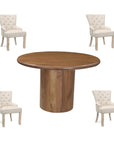 Five Piece Brown Round Solid Wood Dining Set with Four Chairs
