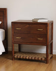 32" Brown Solid Wood Two Drawer Nightstand With Leather Shelf