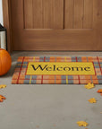 24" X 36" Gray Orange And Yellow Fall Plaid Welcome Outdoor Coir Door Mat