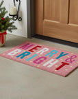 24" X 36" Pink Blue And White Christmas Merry and Bright Outdoor Coir Door Mat
