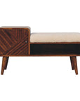 35" Cream and Chestnut Boucle and Solid Wood Upholstered Bench With Cabinet And Shelf