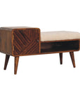 35" Cream and Chestnut Boucle and Solid Wood Upholstered Bench With Cabinet And Shelf