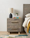 26" Gray Solid Wood Carved Geometric Two Drawer Nightstand