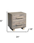26" Gray Solid Wood Carved Geometric Two Drawer Nightstand