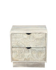 26" Gray Solid Wood Carved Abstract Two Drawer Nightstand