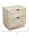 26" Gray Solid Wood Carved Abstract Two Drawer Nightstand