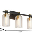 19" Black And Gold Steel And Glass Three Light Bath Bar Vanity Light
