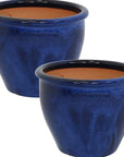Set of Two Dark Blue Ceramic Round Pot Planter