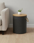 14" Natural and Black Solid Wood and Faux Concrete Round Outdoor Side Table