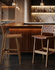 Set of Two 29" Brown Leather And Solid Wood Low Back Bar Height Bar Chairs