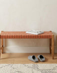 48" Tan and Natural Genuine Leather and Solid Wood Upholstered Dining Bench