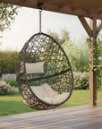 38" Black Steel Outdoor Egg Chair with Beige Cushion