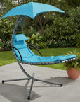 74" Black And Gray Steel Outdoor Chaise Lounge with Teal Blue Cushion With Canopy