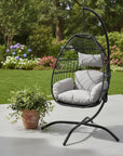 46" Black Steel Outdoor Folding Egg Chair with Gray Cushion