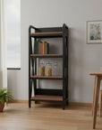 56" Black And Brown Metal and Wood Four Tier Etagere Bookcase