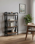 56" Black And Brown Metal and Wood Four Tier Etagere Bookcase