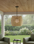 Natural And Black Rattan And Metal LED Dimmable Barrel Outdoor Hanging Pendent Light