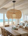 Natural And Black Rattan And Metal LED Dimmable Outdoor Hanging Pendent Light