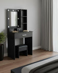 24" Black Wood Mirrored Three Drawer Vanity Table And Lights