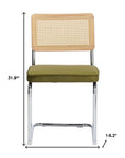 Set of Two Green Natural And Silver Velvet Rattan And Stainless Steel Dining Chairs