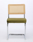 Set of Two Green Natural And Silver Velvet Rattan And Stainless Steel Dining Chairs