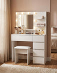 35" White Wood Five Drawer Vanity Table