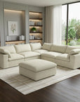 White Linen Blend Modular L Shaped Six Piece Corner Sectional With Ottoman