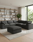 White Linen Blend Modular L Shaped Six Piece Corner Sectional With Ottoman